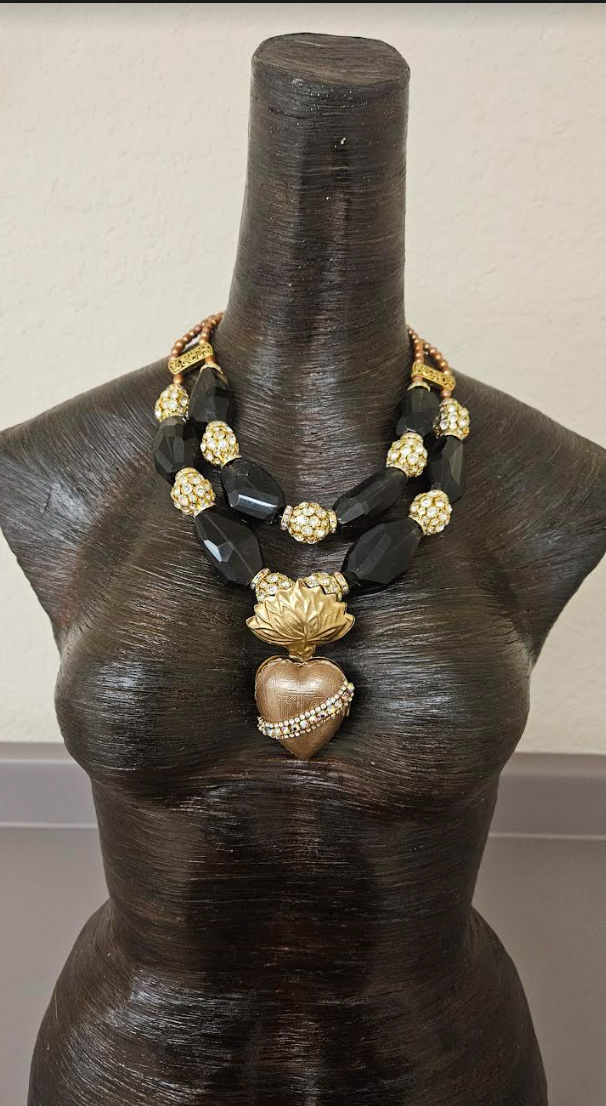 Huge Smoky Quartz Rhinestone Ball & Pearl Statement Luxury Necklace