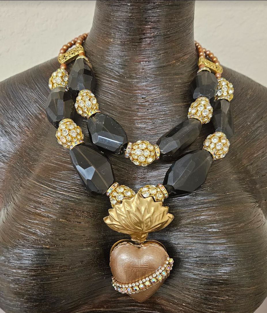 Huge Smoky Quartz Rhinestone Ball & Pearl Statement Luxury Necklace