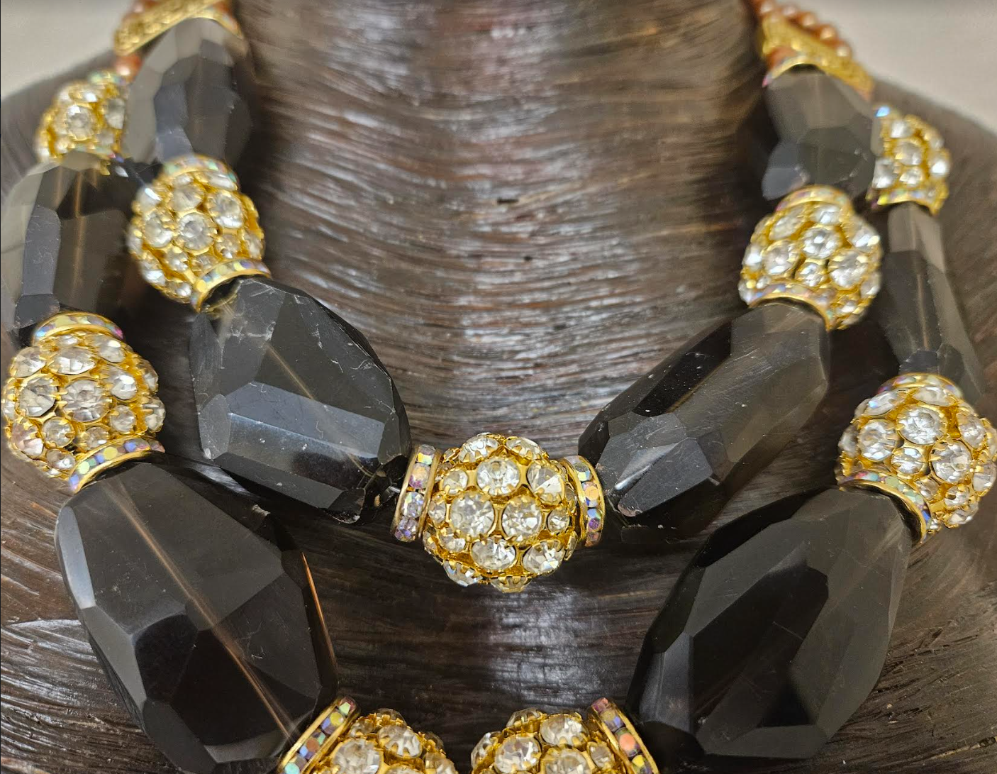 Huge Smoky Quartz Rhinestone Ball & Pearl Statement Luxury Necklace