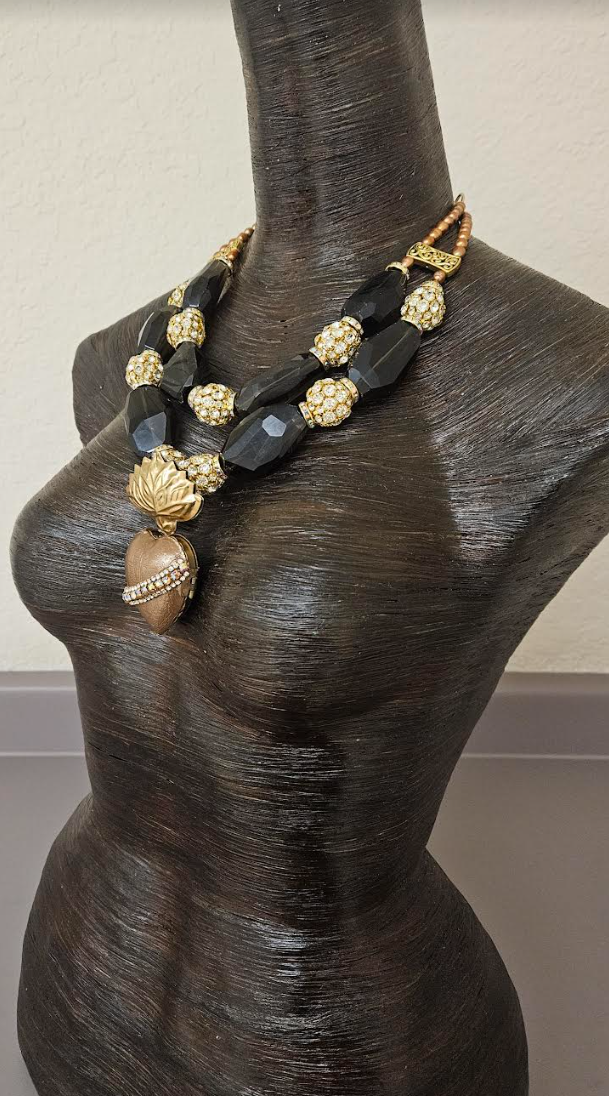 Huge Smoky Quartz Rhinestone Ball & Pearl Statement Luxury Necklace
