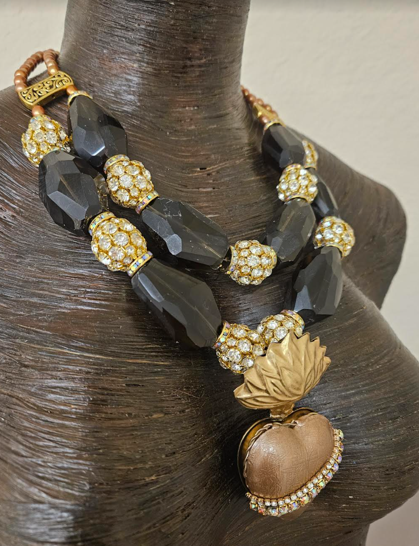 Huge Smoky Quartz Rhinestone Ball & Pearl Statement Luxury Necklace
