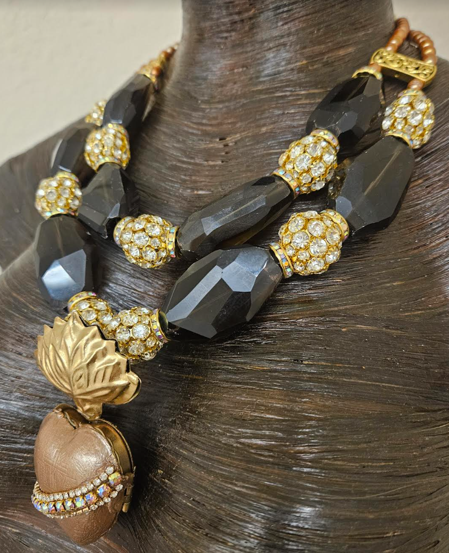 Huge Smoky Quartz Rhinestone Ball & Pearl Statement Luxury Necklace