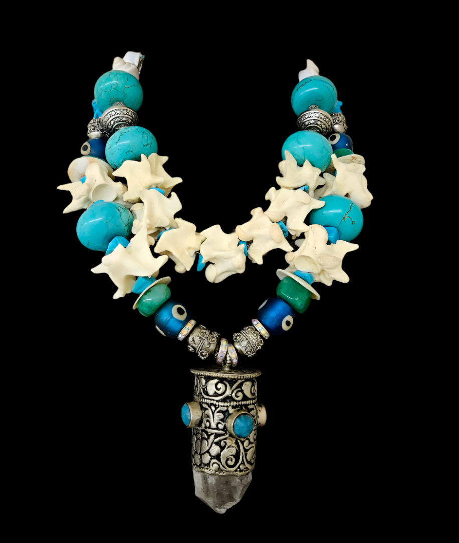 Exotic Gemstone & Snake Vertebrae Necklace Set With Tibetan Quartz Point Pendant