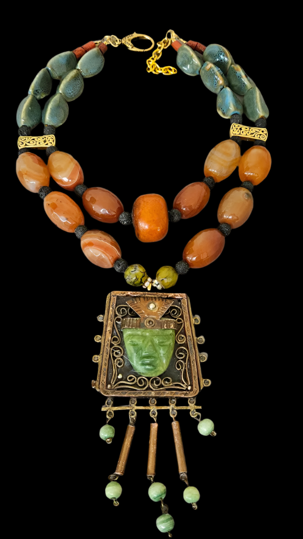 Mexican Aztec Indian Tribal Statement Gemstone Pendant - Orange Agate