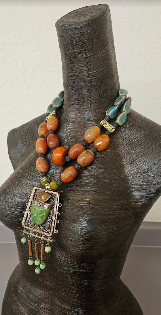 Mexican Aztec Indian Tribal Statement Gemstone Pendant - Orange Agate