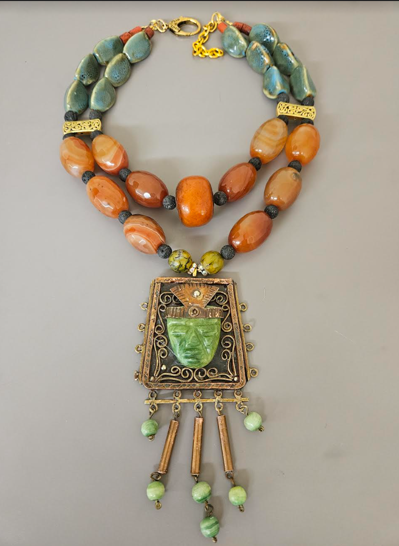 Mexican Aztec Indian Tribal Statement Gemstone Pendant - Orange Agate