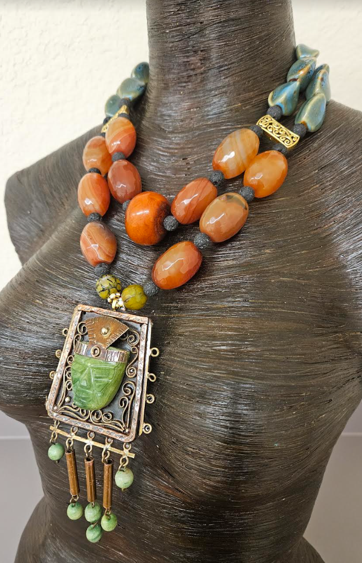 Mexican Aztec Indian Tribal Statement Gemstone Pendant - Orange Agate
