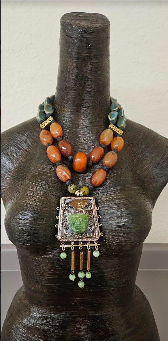Mexican Aztec Indian Tribal Statement Gemstone Pendant - Orange Agate