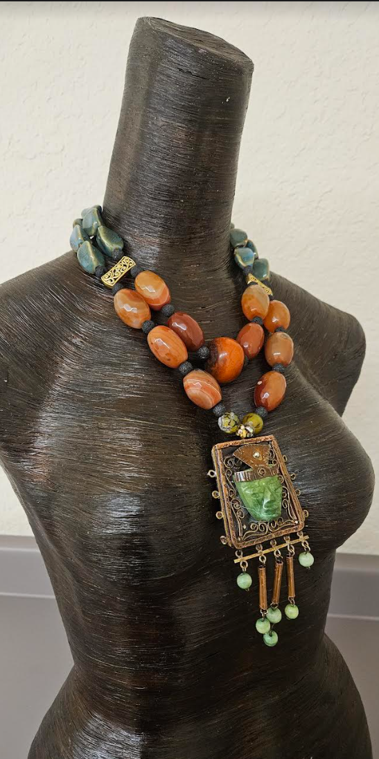 Mexican Aztec Indian Tribal Statement Gemstone Pendant - Orange Agate
