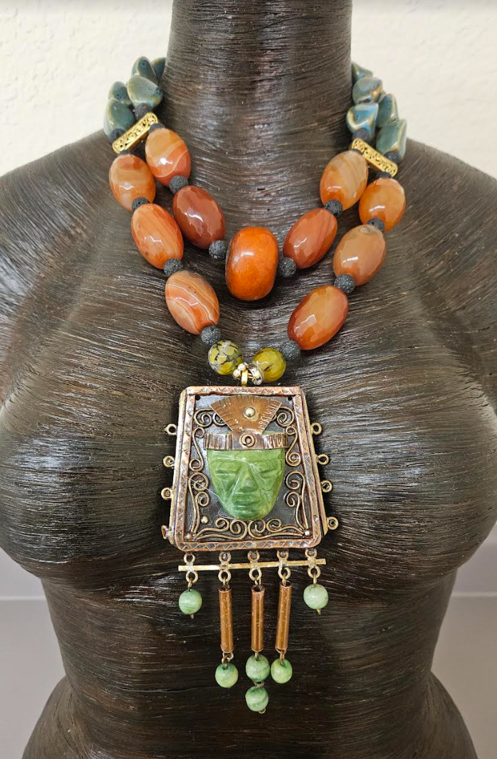 Mexican Aztec Indian Tribal Statement Gemstone Pendant - Orange Agate
