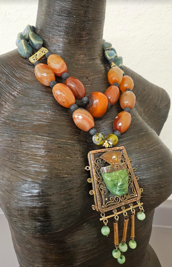 Mexican Aztec Indian Tribal Statement Gemstone Pendant - Orange Agate