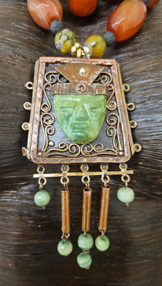 Mexican Aztec Indian Tribal Statement Gemstone Pendant - Orange Agate