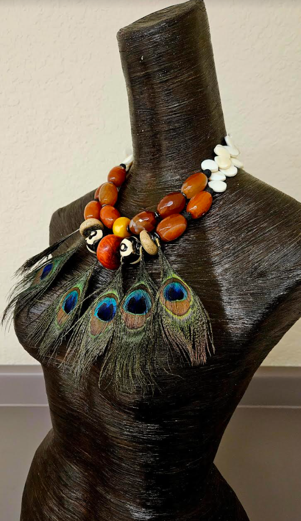 Oversized Beaded Tribal Statement Luxury Necklace with Peacock Feather