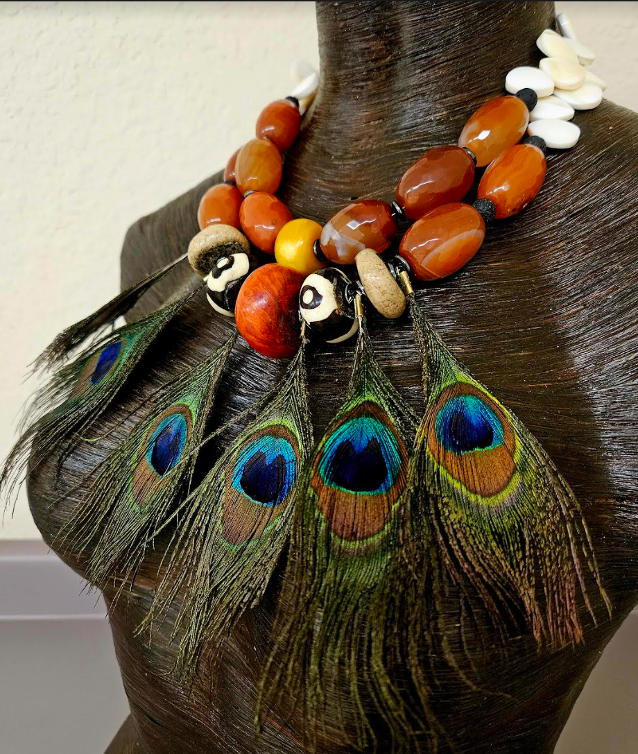 Oversized Beaded Tribal Statement Luxury Necklace with Peacock Feather