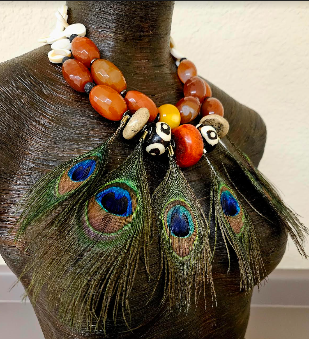 Oversized Beaded Tribal Statement Luxury Necklace with Peacock Feather