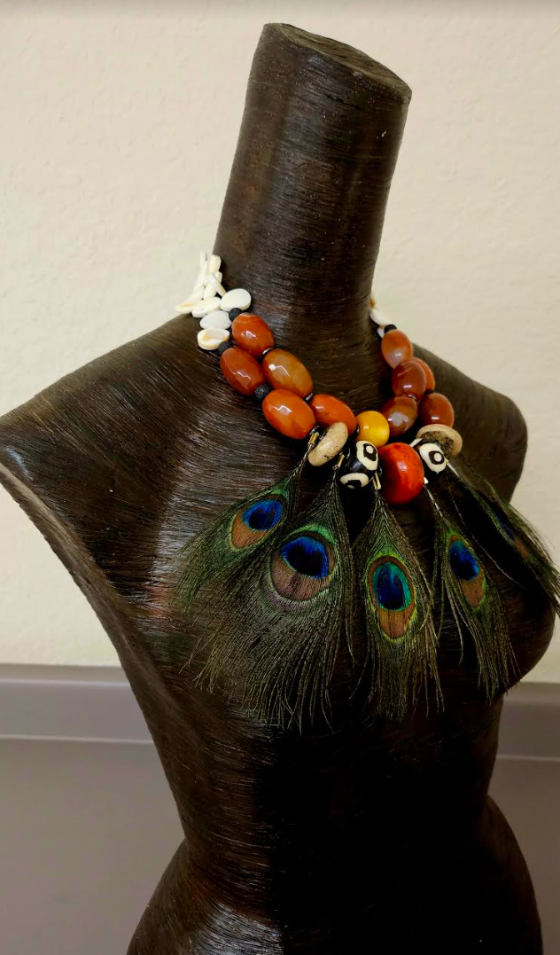 Exotic Beaded Tribal Statement Necklace with Peacock Feathers - OOAK