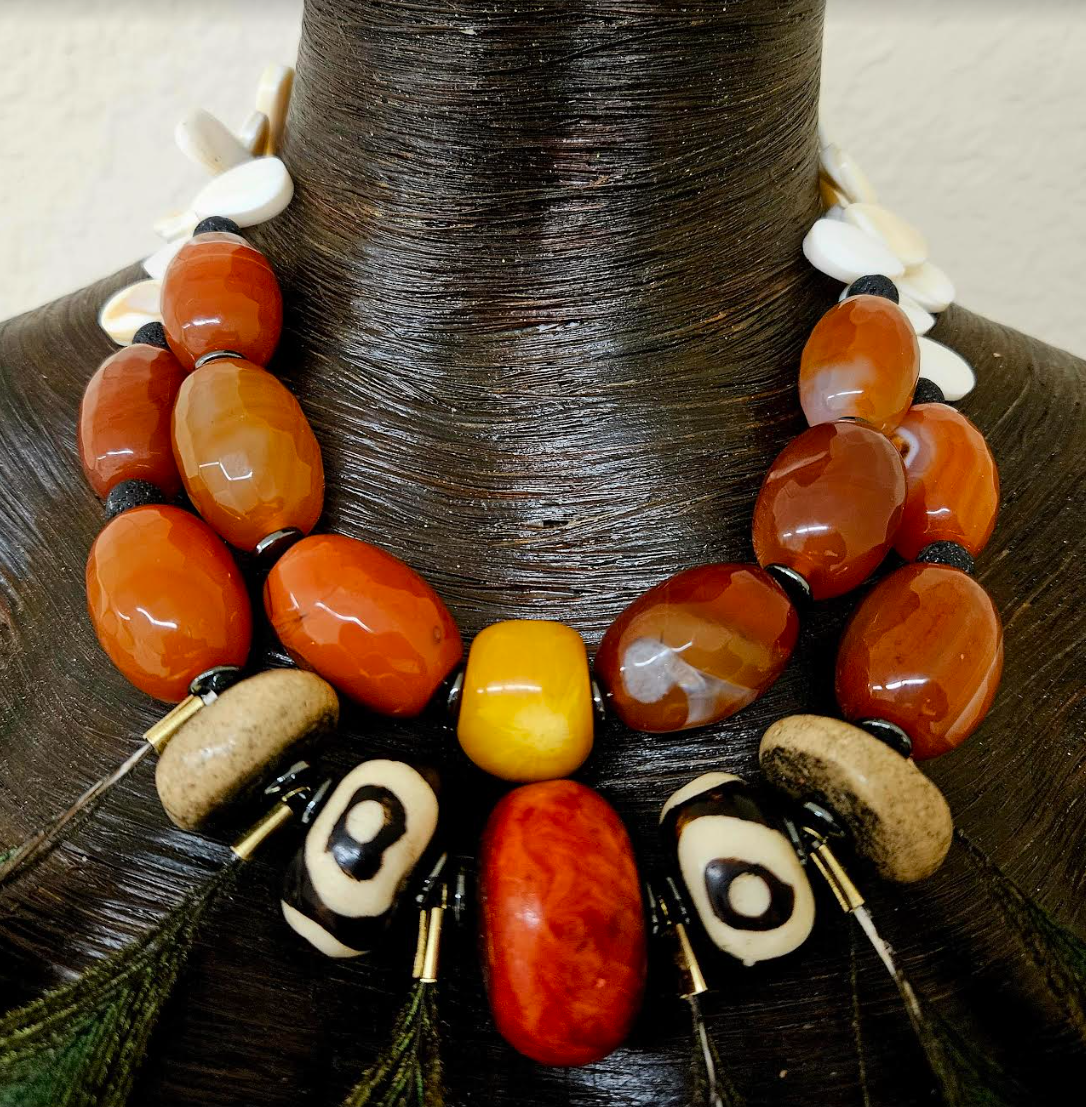 Oversized Beaded Tribal Statement Luxury Necklace with Peacock Feather