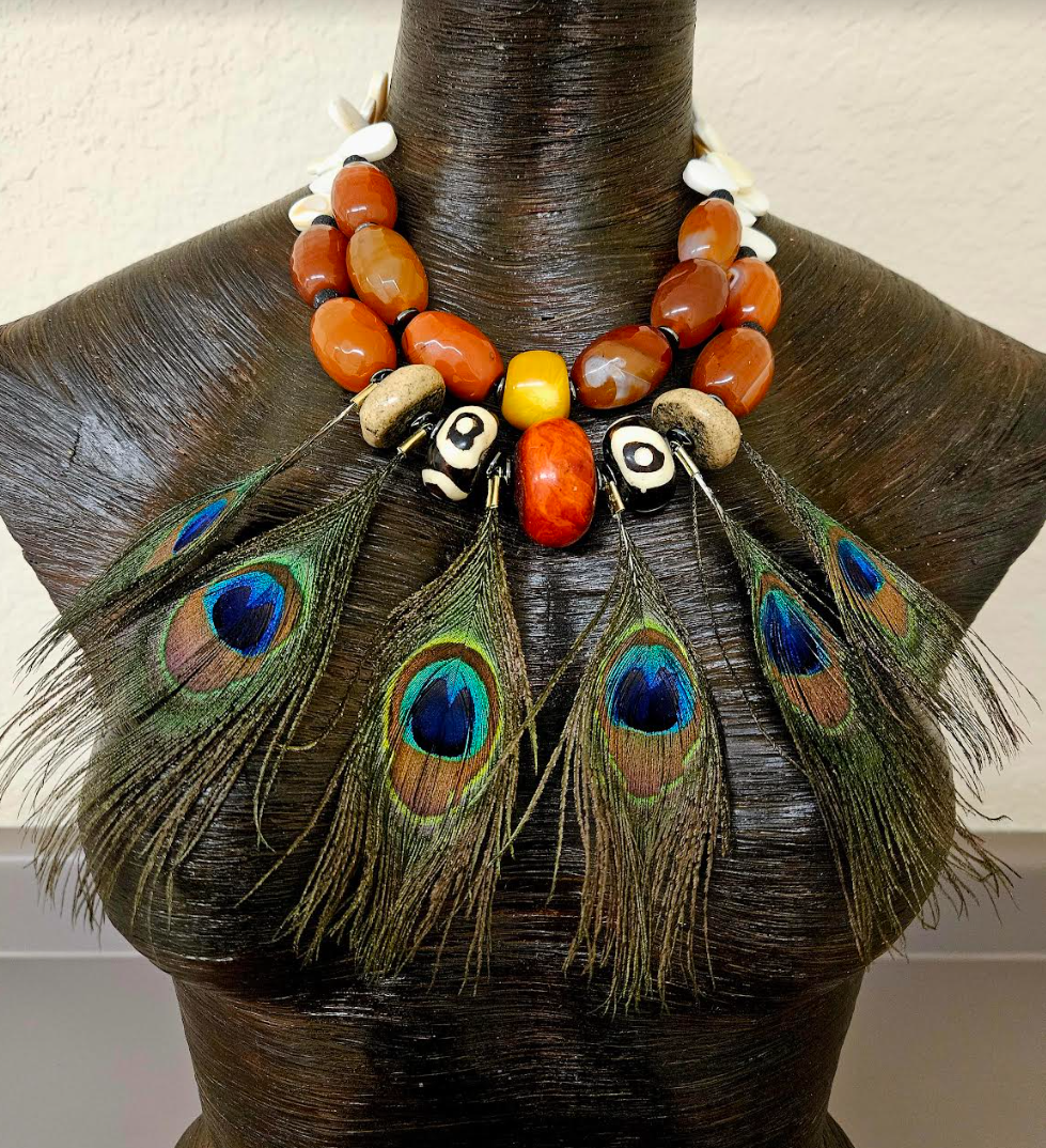 Oversized Beaded Tribal Statement Luxury Necklace with Peacock Feather