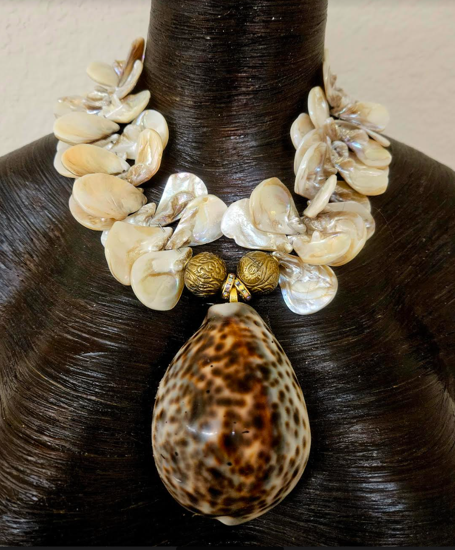 Cowrie Shell & Mother of Pearl Summer Statement Luxury Necklace Beig
