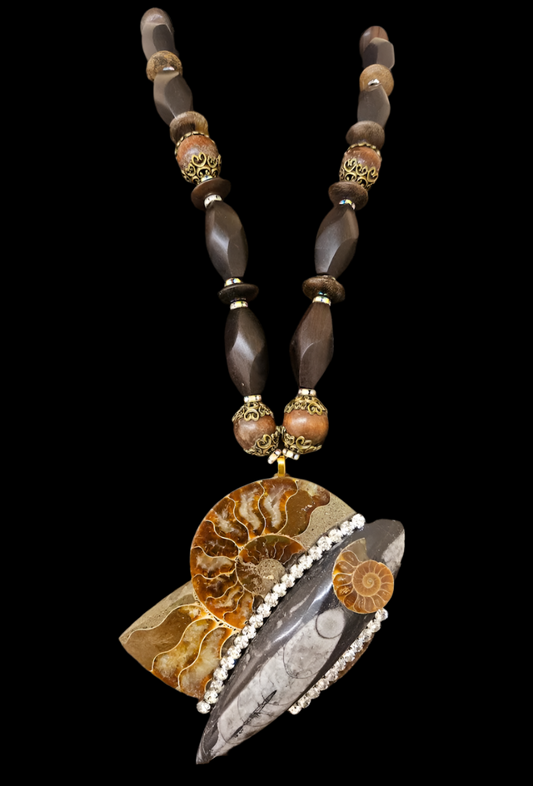 Ammonite & Orthoceras Fossil Pendant Necklace - Mens