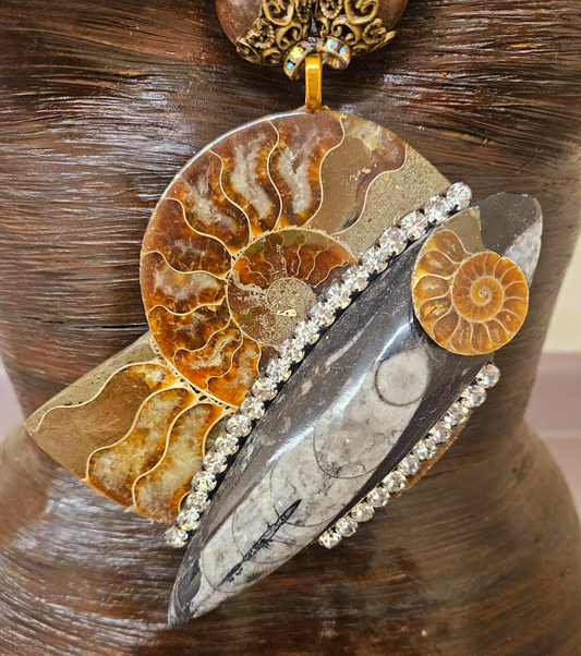 Earthy Ammonite & Orthoceras Fossil Bold Statement Gemstone Pendant