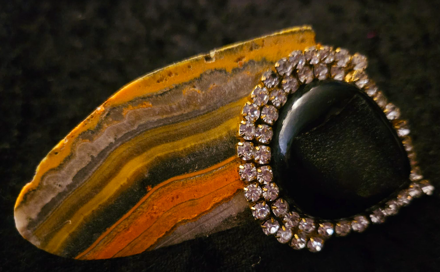 Bumblebee Jasper Slab & Black Druzy Agate Adjustable Statement Ring