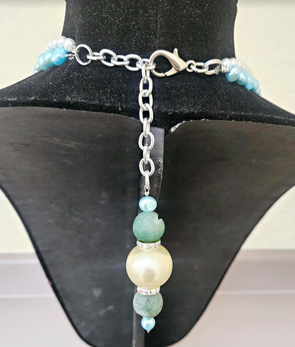 Blue Abalone Rhinestone Shell Statement Gemstone Pendant With Oversize