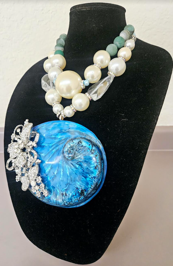 Blue Abalone Rhinestone Shell Statement Gemstone Pendant With Oversize