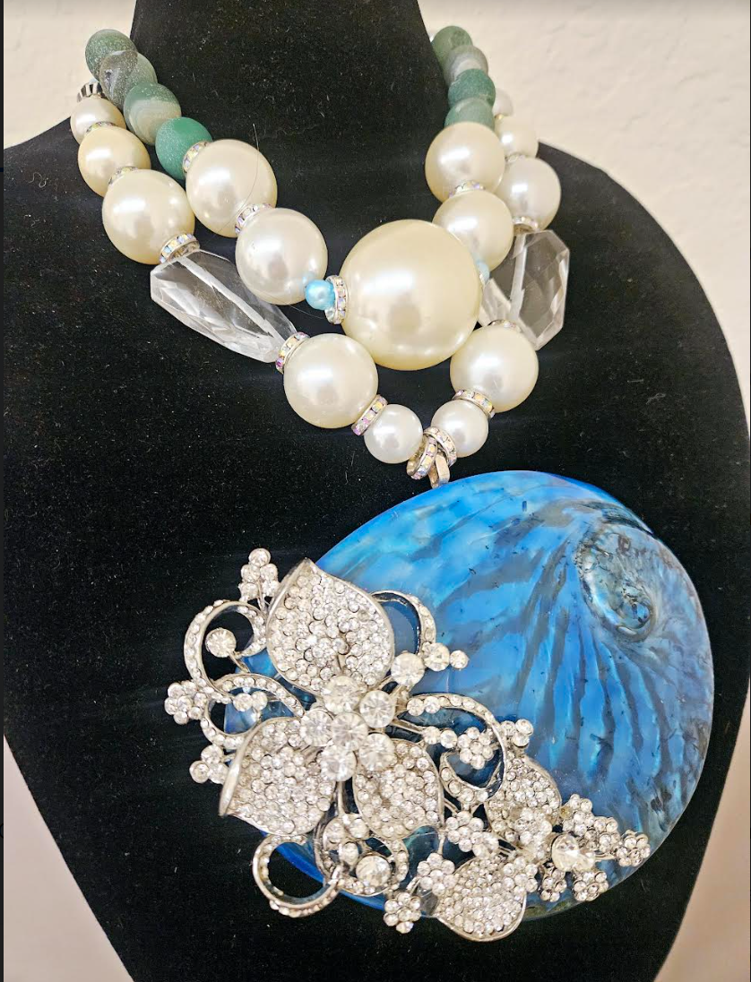 Blue Abalone Rhinestone Shell Statement Gemstone Pendant With Oversize