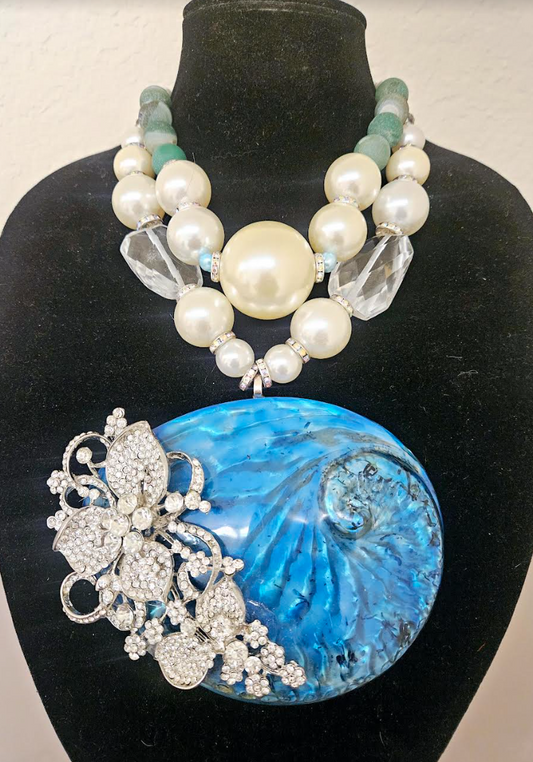 Blue Abalone Rhinestone Shell Statement Gemstone Pendant With Oversize
