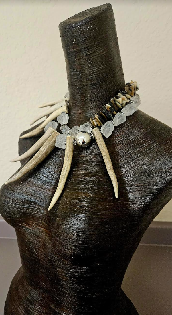Deer Horn Rough Quartz and Bone Avant Garde Statement Luxury Necklace