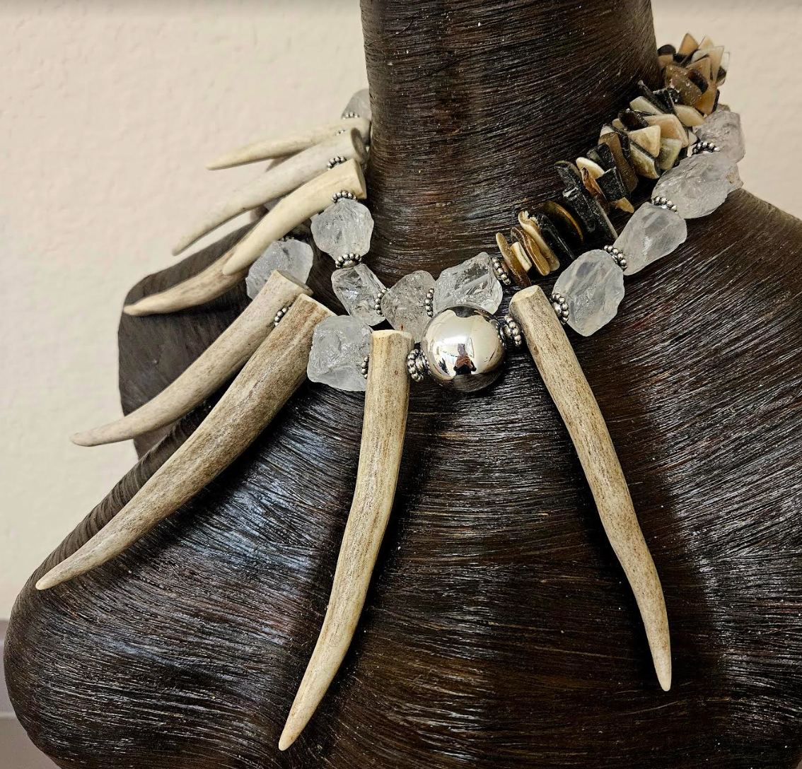 Deer Horn Rough Quartz and Bone Avant Garde Statement Luxury Necklace