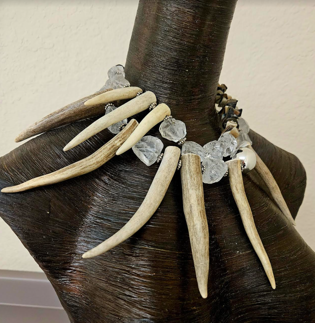 Deer Horn Rough Quartz and Bone Avant Garde Statement Luxury Necklace