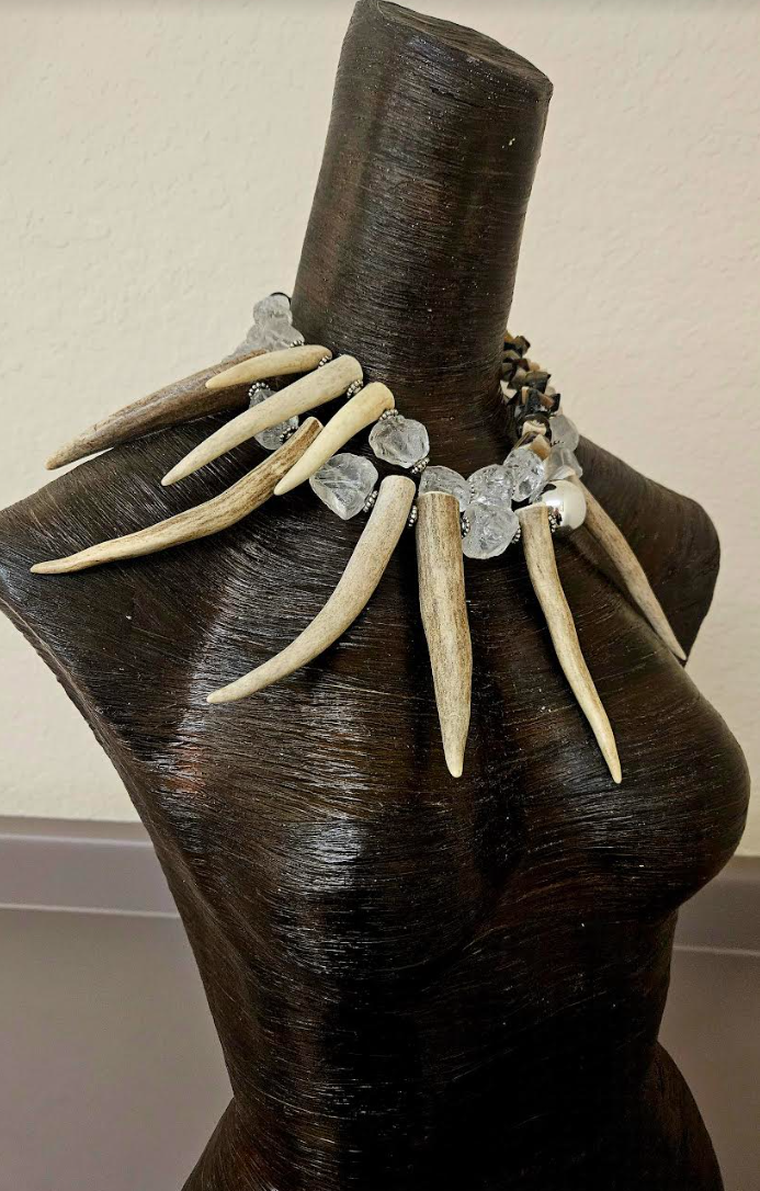 Deer Horn Rough Quartz and Bone Avant Garde Statement Luxury Necklace