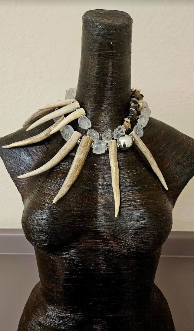 Deer Horn Rough Quartz and Bone Avant Garde Statement Luxury Necklace