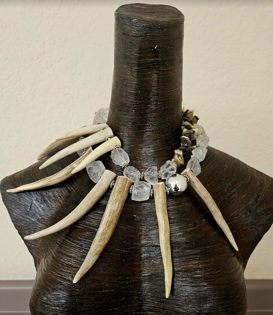 Deer Horn Rough Quartz and Bone Avant Garde Statement Luxury Necklace