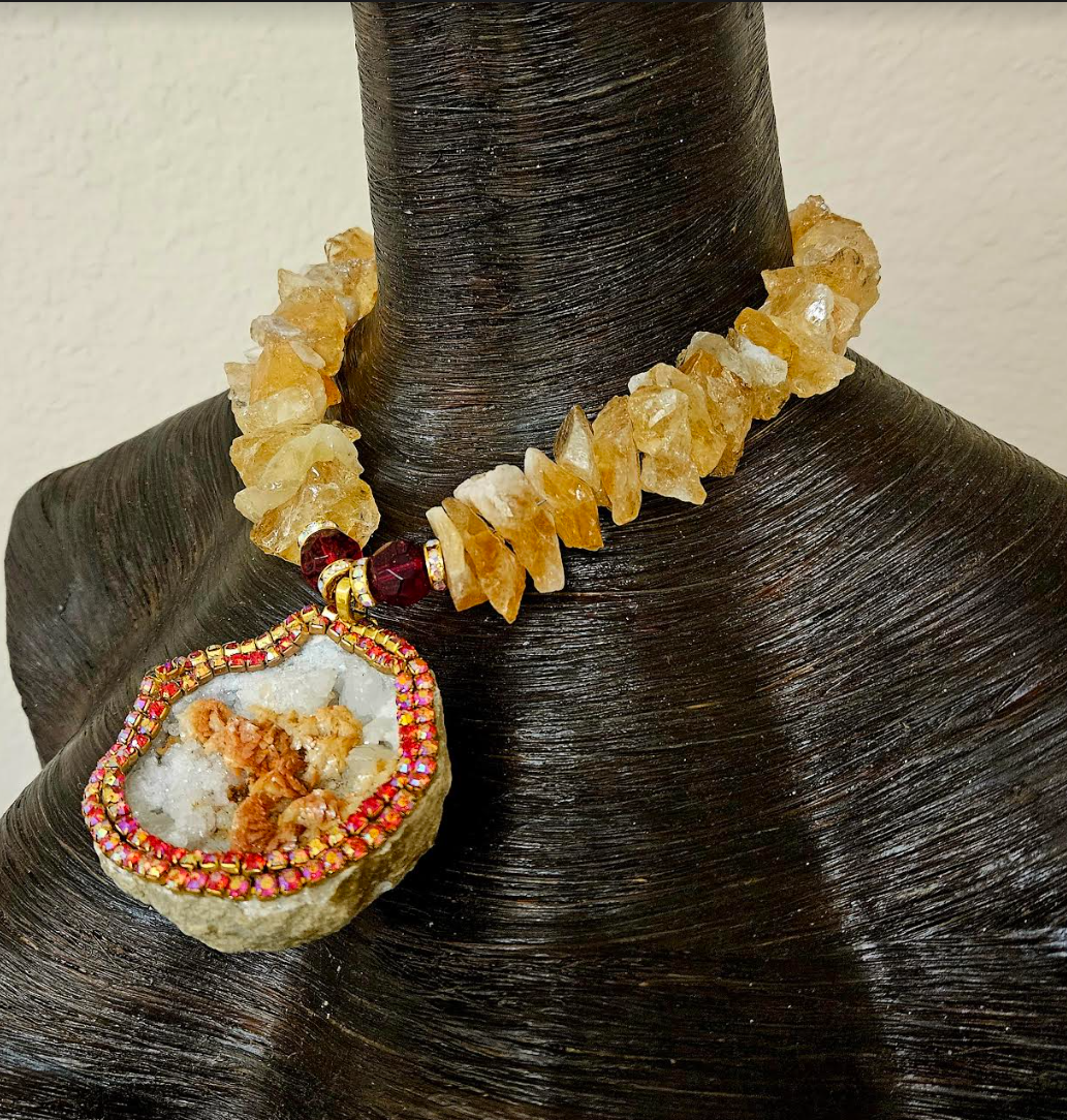 Rough Citrine Gemstone Luxury Necklace with Heavily Crystallized Druzy