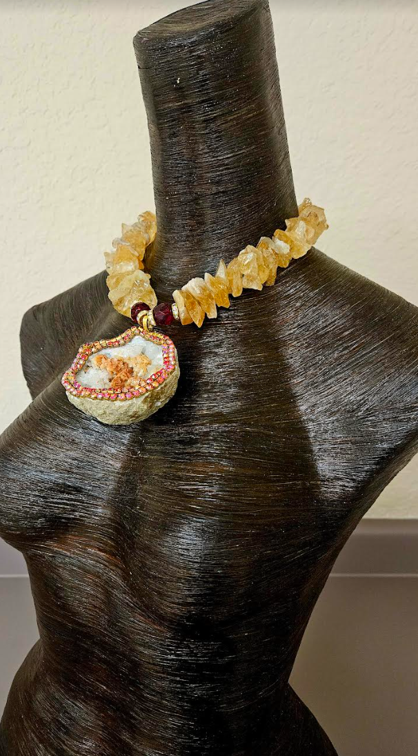 Rough Citrine Gemstone Luxury Necklace with Heavily Crystallized Druzy
