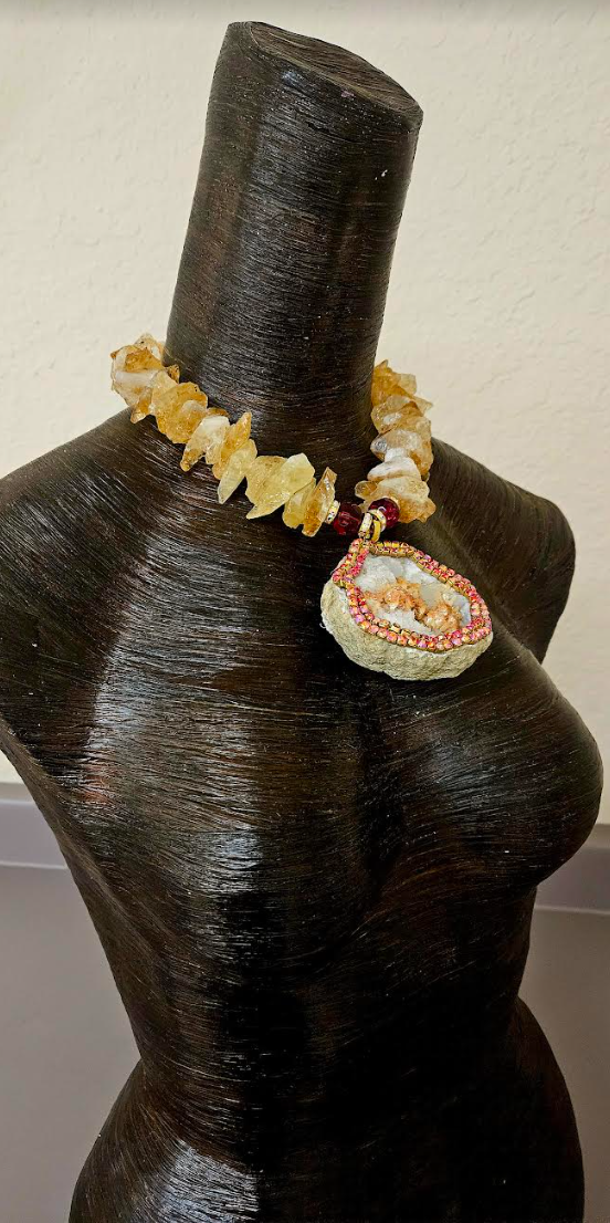 Rough Citrine Gemstone Luxury Necklace with Heavily Crystallized Druzy
