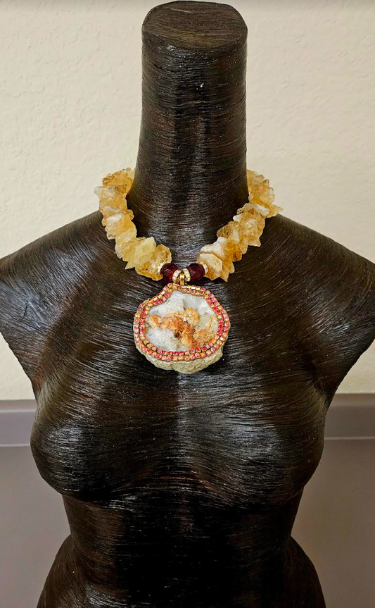 Rough Citrine Gemstone Luxury Necklace with Heavily Crystallized Druzy