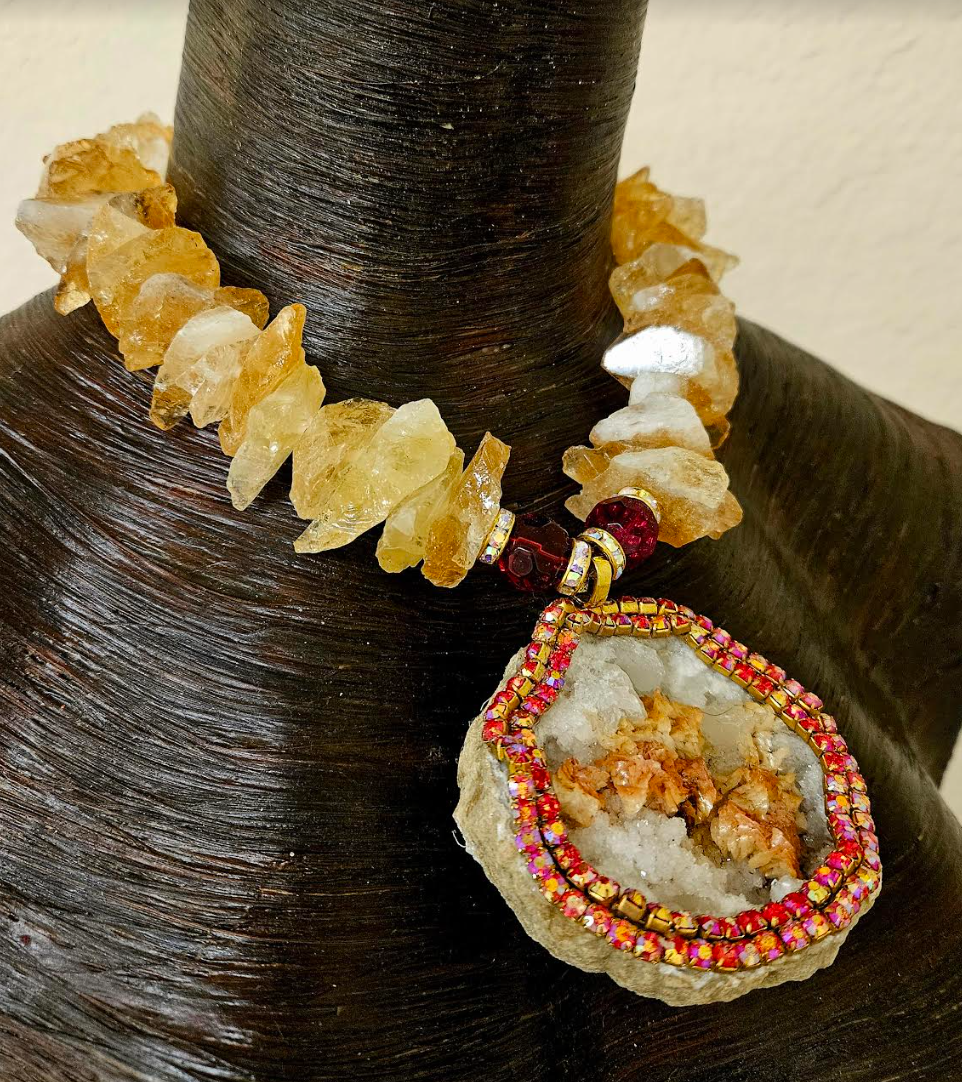 Rough Citrine Gemstone Luxury Necklace with Heavily Crystallized Druzy