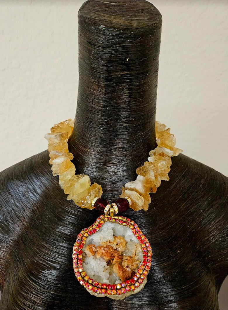 Rough Citrine Gemstone Luxury Necklace with Heavily Crystallized Druzy