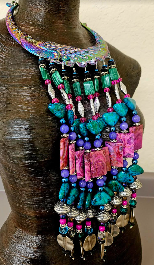 Jewel Tone Miao Peacock Torc Bead Dangle Luxury Necklace - Red Carpet
