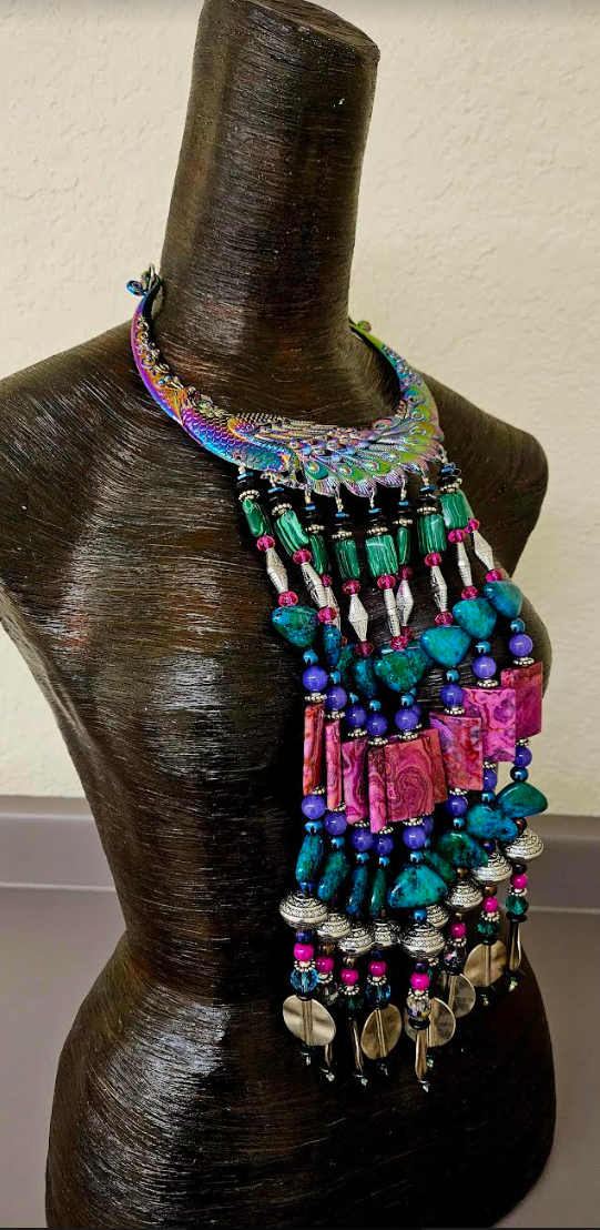 Jewel Tone Miao Peacock Torc Bead Dangle Luxury Necklace - Red Carpet