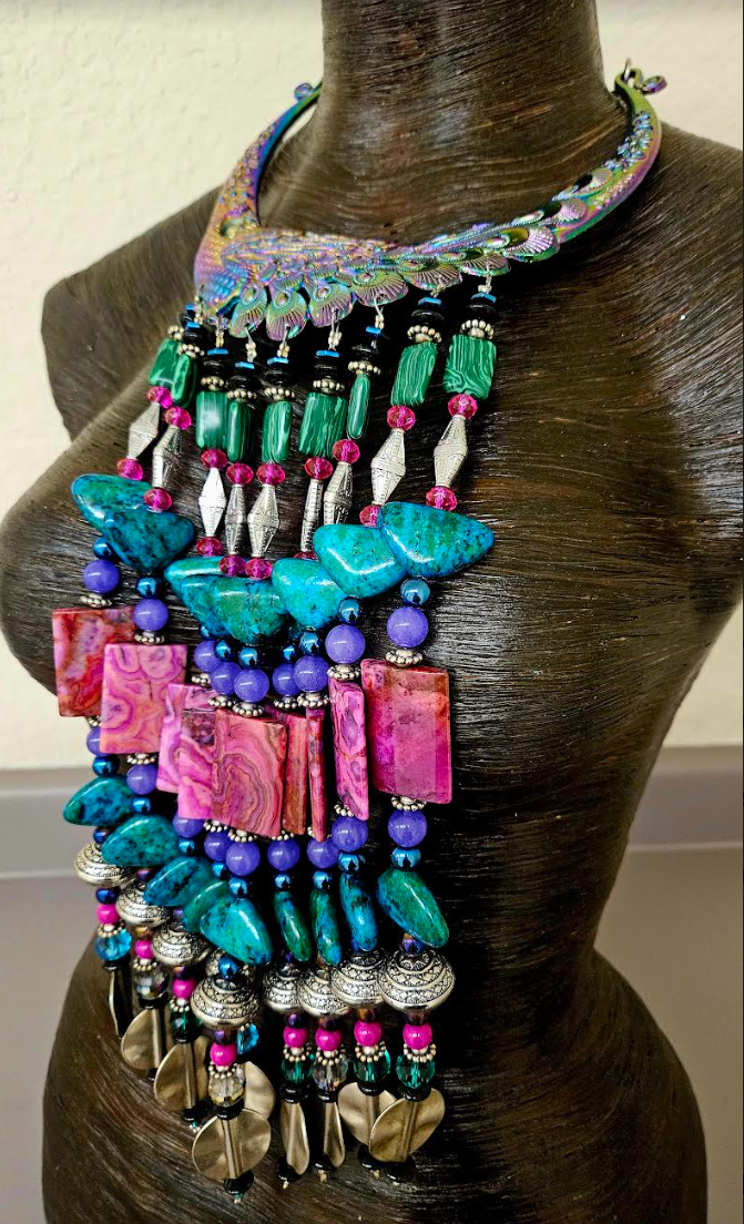 Jewel Tone Miao Peacock Torc Bead Dangle Luxury Necklace - Red Carpet