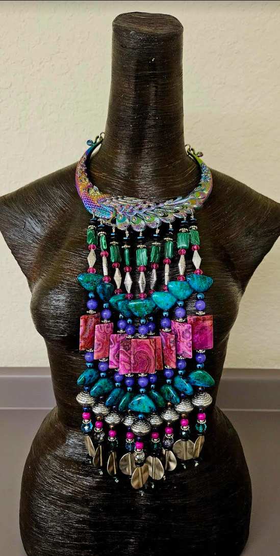 Jewel Tone Miao Peacock Torc Bead Dangle Luxury Necklace - Red Carpet
