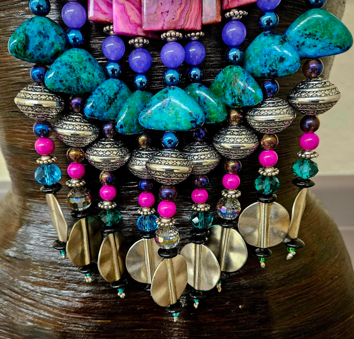Jewel Tone Miao Peacock Torc Bead Dangle Luxury Necklace - Red Carpet