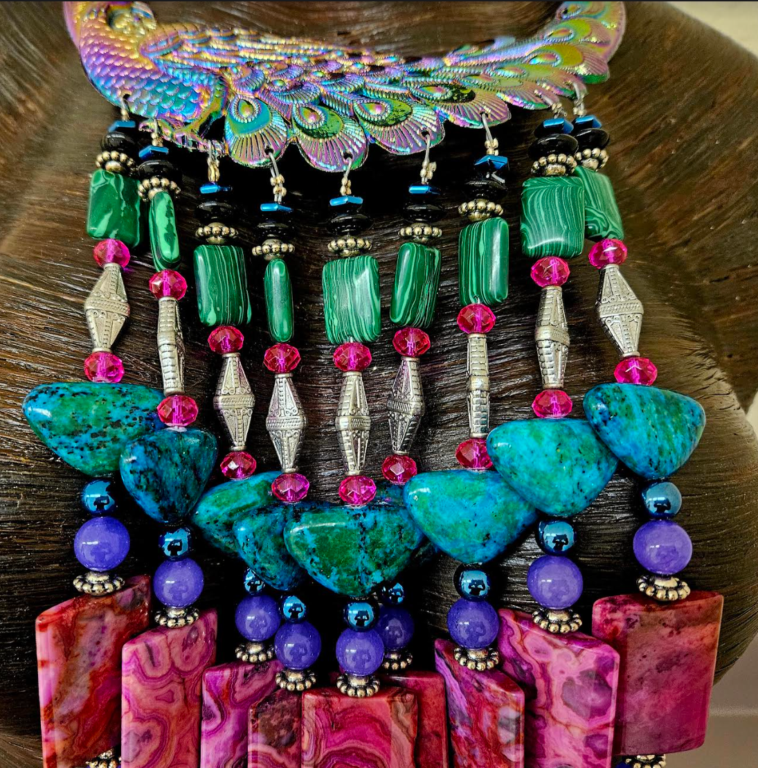 Jewel Tone Miao Peacock Torc Bead Dangle Luxury Necklace - Red Carpet
