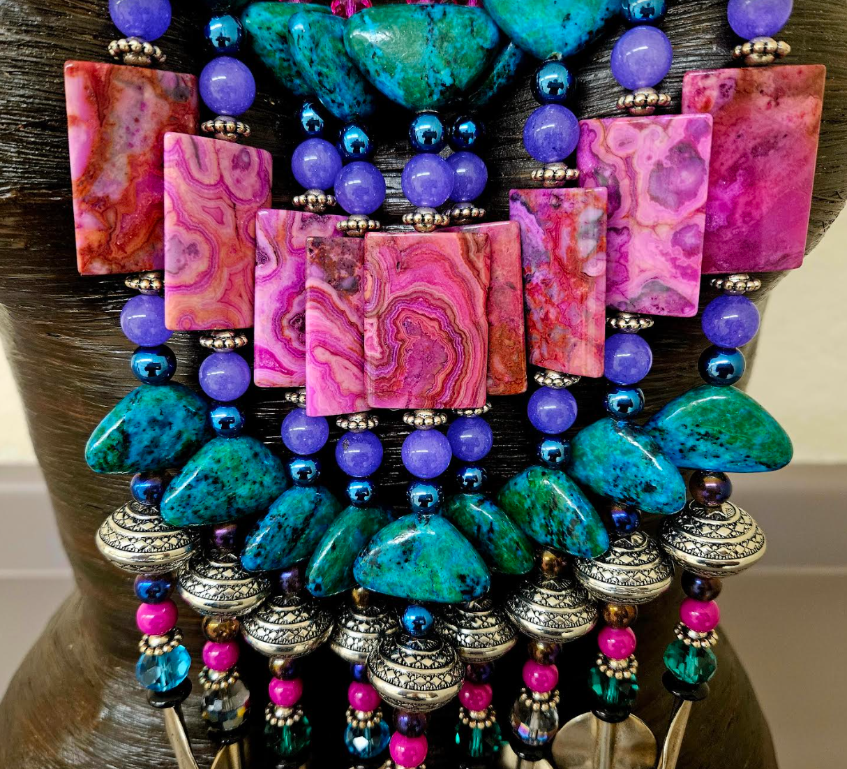 Jewel Tone Miao Peacock Torc Bead Dangle Luxury Necklace - Red Carpet