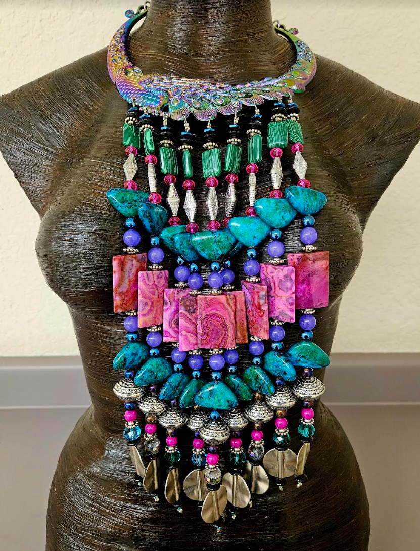Jewel Tone Miao Peacock Torc Bead Dangle Luxury Necklace - Red Carpet